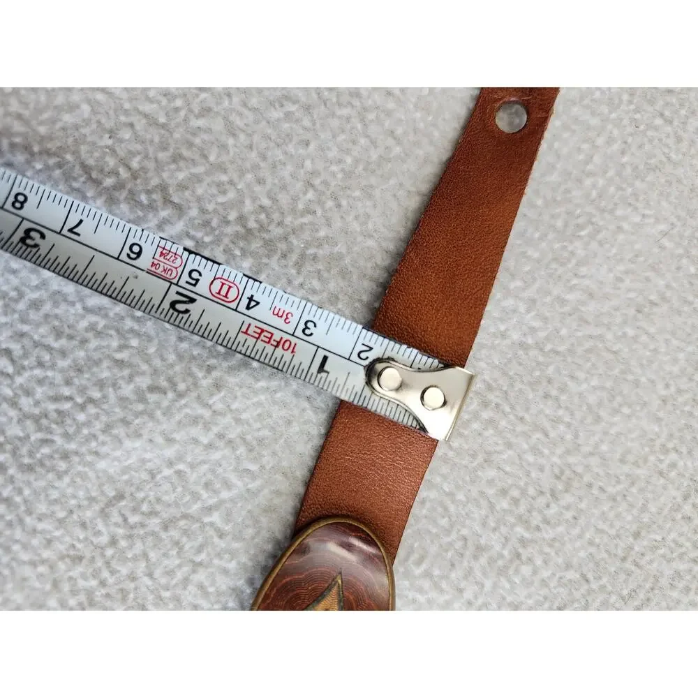 Vintage Austria Artisan Boho Tribal Bracelet Leather Brass Copper Wood Grain